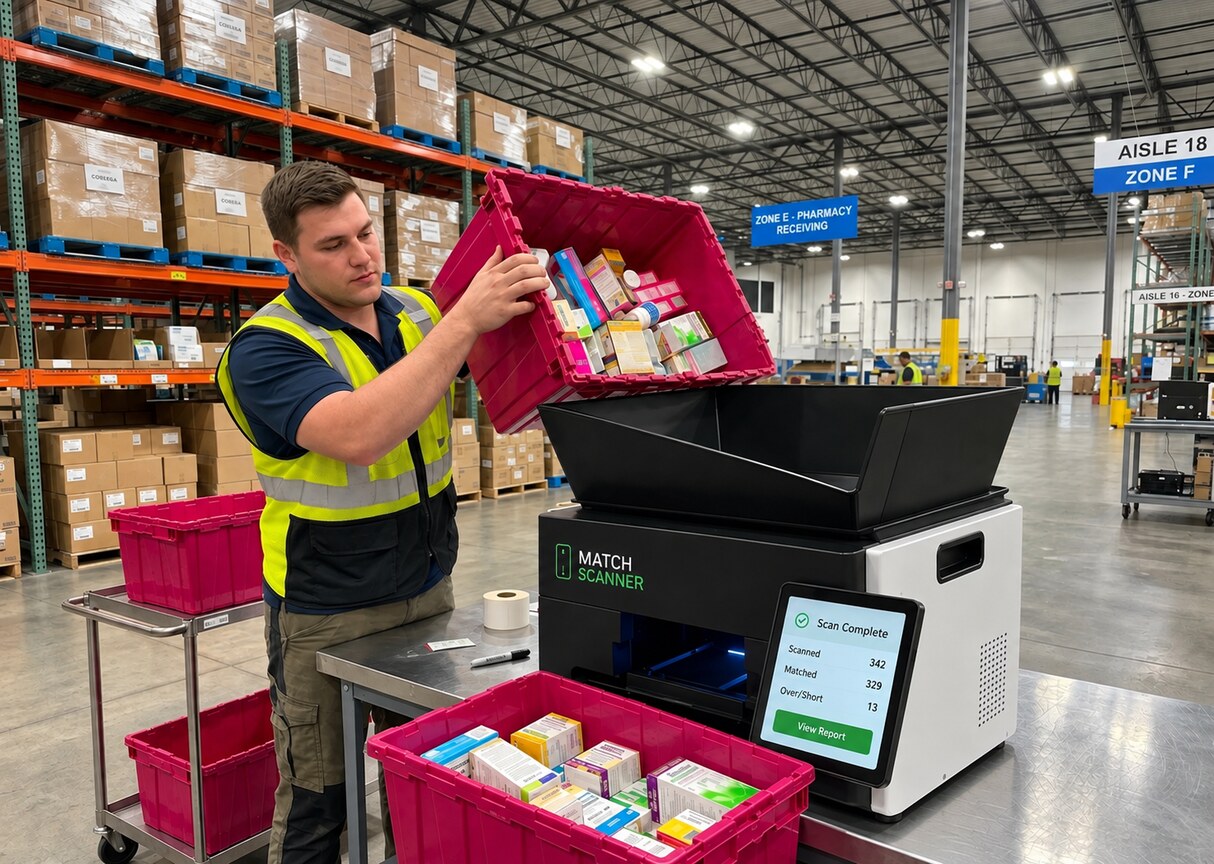 A worker tipping a tote of mixed cartons into the Match Scanner Receiving Machine at a pharmacy receiving station, its screen showing a finished scan