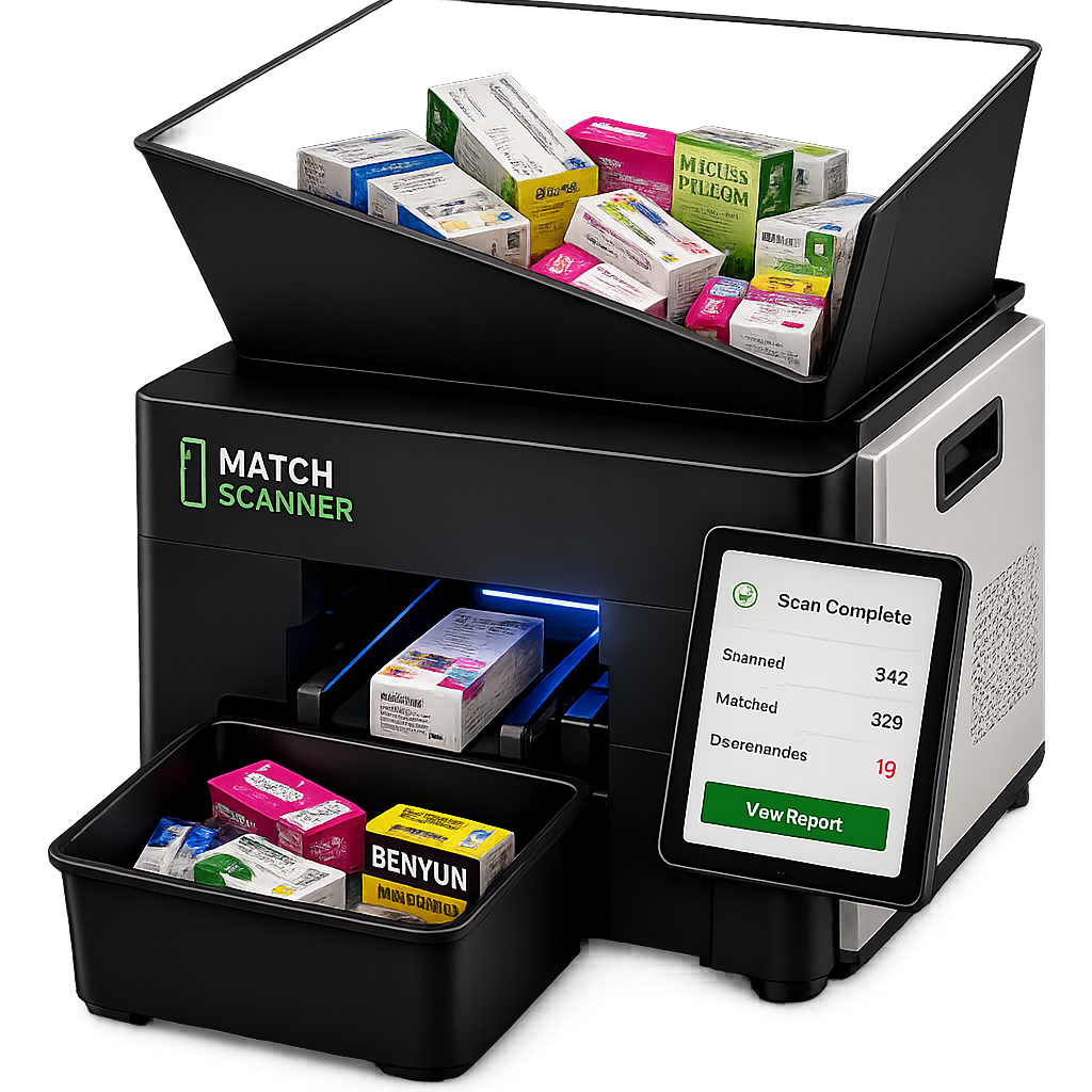 The Match Scanner Receiving Machine with a hopper of mixed cartons and a Scan Complete screen